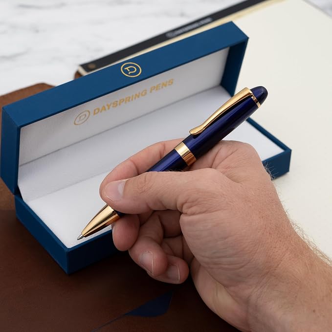 Dayspring Pens Alexandria Blue Ballpoint Pen, Blue with Gold Trim, Large Barrel, Gold Engraving on Cap, Parker G2 Refill Compatible, Gift for Graduation, Career Advancement, Birthdays