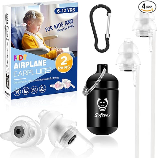 Kids Ear Plugs (6+yrs) - Reusable Noise Relief Earplugs with String for Child, Kids Ear Protection for Airplane, Focus, Anxiety, Stress, School, Home, Playtime, 25 dB Noise Reduction, 2 Pairs