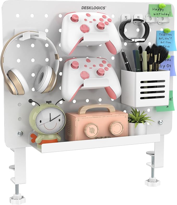 Clamp on Desk Pegboard 16.5"x12.6", White Heavy Duty Steel Desktop Organizer with 4 Magnet Pins, No-Drill Metal Peg Board Mount for Office & Gaming, Horizontal/Vertical