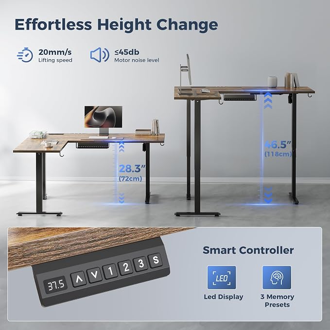Klicelor L Shaped Standing Desk 75 x 61 Inch,Electric Height Adjustable Corner Desk with Cable Management & Power Outlets, Ergonomic Sit Stand Up Computer Table for Home Office,Rustic Brown