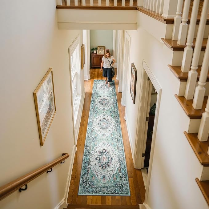 RELEANY Area Rugs Runner 2'x10' Washable Non-Slip, Floral Vintage Distress Medallion Carpet for Kitchen Hallway Bedroom Beside Laundry Room Bathroom, Green Navy Blue White Red Teal