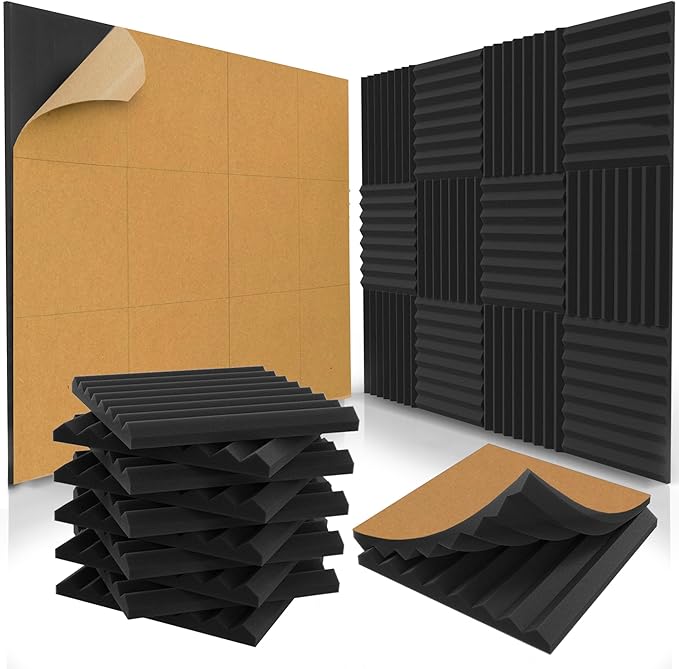 24 Pack Self-Adhesive Acoustic Panels 1 X 12 X 12 Inches - Acoustic Foam - Studio Foam Wedges - High Density Panels - Soundproof Wedges - Charcoal