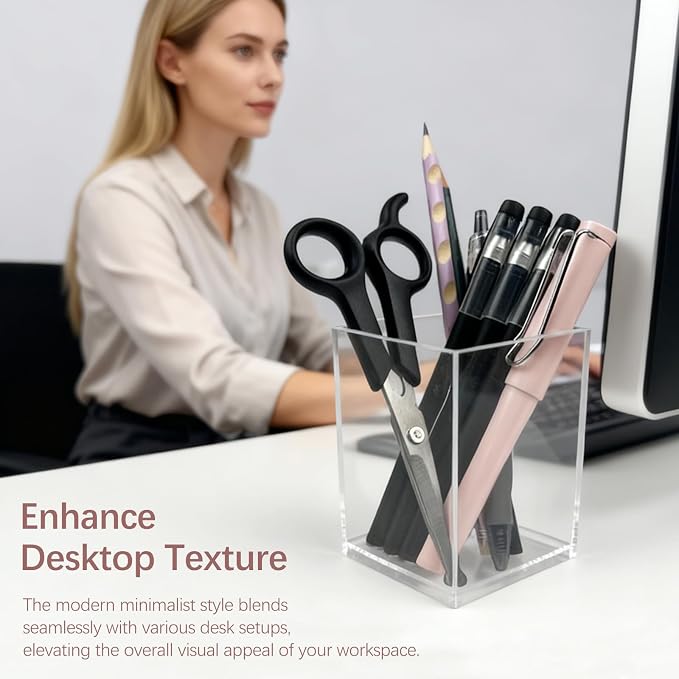 Clear Acrylic Pen Holder Cup Set of 2, Simple Modern Desktop Organizer for Stationery, Makeup Brushes, Office, Study and Home