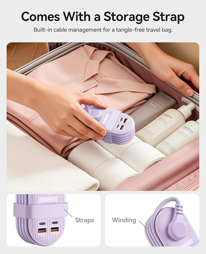 ORICO 22.5W Travel Power Strip, 7 in 1 Charging Station with 3AC, 2 USB-A, 2 USB-C, 4ft Thin Extension Cord, Flat Plug Fashion Essential for Travel/Home/Office/Library/Dorm -TK22
