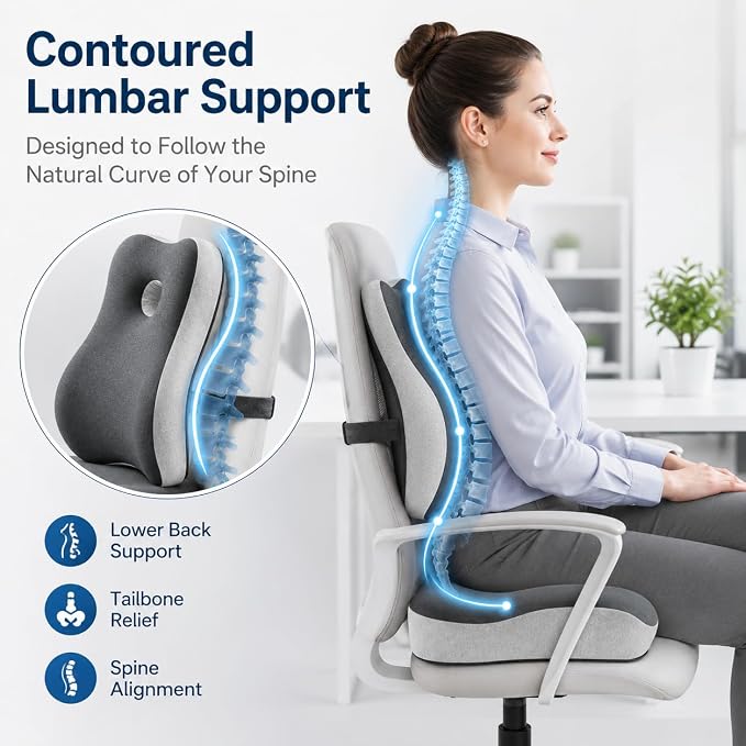 Ergonomic Memory Foam Seat Cushion & Lumbar Support Pillow Set, Coccyx Cushion for Tailbone Pressure Relief, Sciatica Relief & Lower Back Support, Office Chair, Gaming Chair, Car Seat, Wheelchair