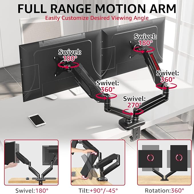 Redragon GMK915 Dual Monitor Mount Stand - Gas Spring Adjustable Arms with VESA 75/100mm, 13-32 Inch Screen Compatibility, C Clamp & Grommet Base, Cable Management, 17.6lbs Load Capacity (Pack of 2)