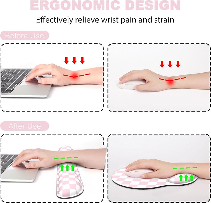 Ergonomic Mouse Pad with Wrist Rest and Keyboard Wrist Rest, Mousepad and Wrist Rest for Computer Keyboard, Pain Relief, Non-Slip Base, Mouse Pad with Wrist Support for Gaming, Office, Pink Checkered
