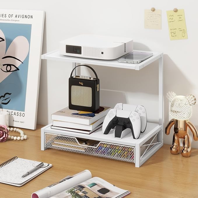 ELITEROO Printer Stand for Desk with Storage Drawer, 2 Tier Desk Shelf | Wood Desktop Organizer for Home Office, Fits 3D Printer, Scanner, Fax Machine, Books, White