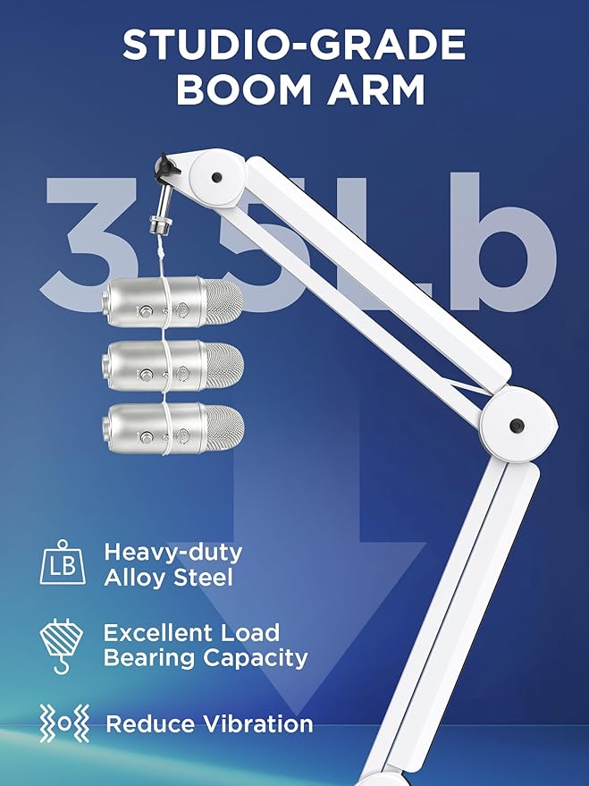 InnoGear Mic Boom Arm Microphone Stand Cable Management for Blue Yeti FIFINE AM8 K669B HyperX QuadCast S SoloCast AT2020 and Other Microphone, White