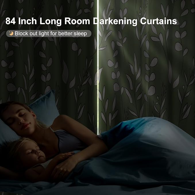 Blackout Curtains for Bedroom Living Room Grommet Thermal Insulated Room Darkening Drapes, Green and White Leaves Print Blackout Curtains 84 Inch Length 2 Panels Set Soundproof Maintain Privacy