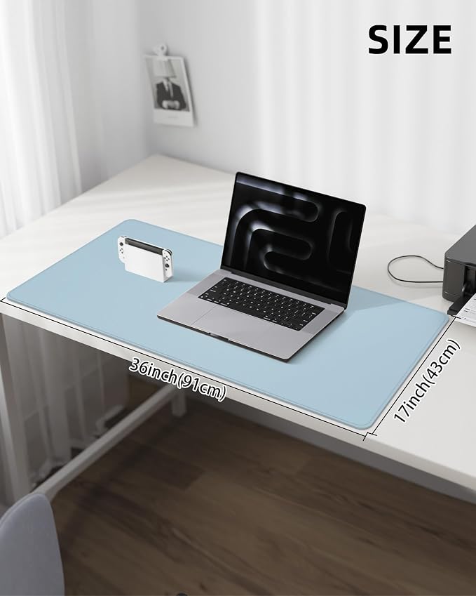 PU Leather Desk Mat Protector - 36"x17" Large Non-Slip Office Desk Pad, Waterproof Keyboard & Mouse Pad, Premium Workstation Cover for Home & Office (Light Blue)