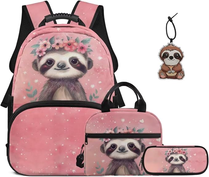 ZFRXIGN Sloth Girls Backpack for Teen Girls School with Pendant 17inch Middle High School Bag and Insulated Lunch Box Pencil Case 4pc Backpack Set Back to School
