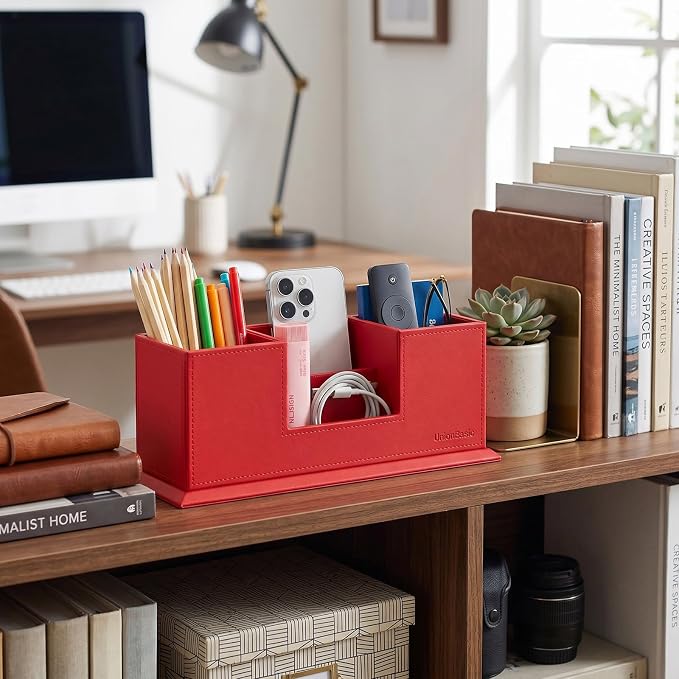 UnionBasic Desk Organizer, Desktop Caddy Leather Multi-compartment Pen Holder Office Stationer Organizer, Red
