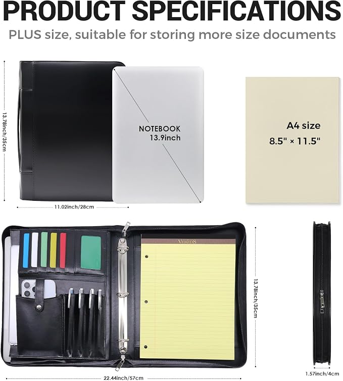 Faux Leather Portfolio with Handle – 3-Ring Padfolio Organizer for 13.9" Laptop/Tablet, A4 Legal Pad Holder, Multi-Pocket Business Folder for Work, Office & Meetings & Daily Commute (Black)