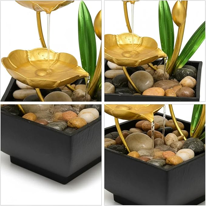 Gold Tabletop Water Fountain, Spring Decor Desktop Waterfall, Indoor Lotus Desktop Decorative Fountain, Home Bathroom Bedroom Decor.