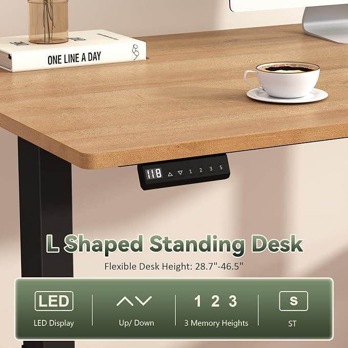 YOMILUVE 66 inch Fluted L Shaped Standing Desk with Storage for Home Office | Corner Electric Standing Desk with Drawers ＆ Storage Shelves, Height Adjustable Computer Desk with Power Outlets, Oak