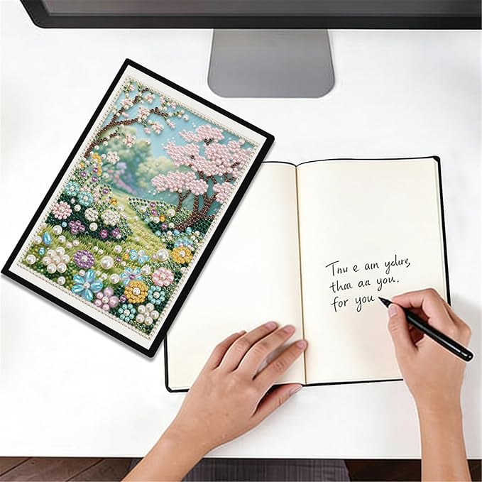 FRANDEK Pearl Painting Notebook Kit, Spring Forest A5 DIY Journal with 50 Blank Pages, Diamond Gem Art Cover with Waterproof Canvas, Beginner Craft Set with Full Tools for Adults