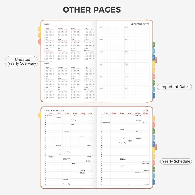 Undated Appointment Book, Hourly, Daily, 52 Weekly & 12 Monthly Planner, 6 AM - 8 PM, Medium Size (5.7" x 8.3"), Leather Hardcover, 12 Self-adhesive Monthly Tabs (Pink)