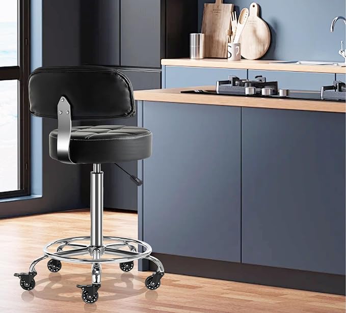 Lockable Stool with Back and Foot Rest Ergonomic Rolling Hydraulic Adjustable Stool for Doctor Esthetician Artist Home Small Office Desk (Black, 24''-31'')