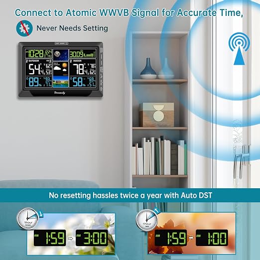 DreamSky Weather Station Indoor Outdoor Thermometer Wireless, Atomic Clock | Digital Large Display with Backlight Dimmer, USB Port, Inside Outside Temperature Humidity Monitor for Home (Plug-in)