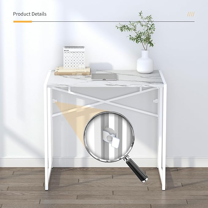 Lutown-Teen 32 inch Folding Small Desk, Writing Gaming Computer Camping Desk for Small Spaces, No Assembly Required Home Office Desk, White Marble
