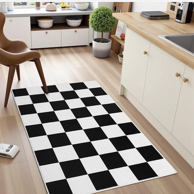 Terrug Black and White Checkered Rug for Entryway,2x3 Small Area Rugs Washable with Non Slip for Kitchen,Soft Low Pile Retro Carpet for Bedroom Front Door Porch