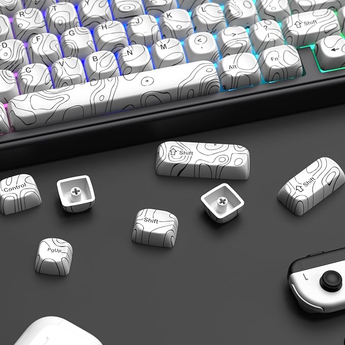 dagaladoo White Topographic Keycap Set, MOA Profile PBT Key caps 60 75 100 Percent,Dye-Sub 129-key Custom Keyboard Keycap for 100% 75% 65% 60% TKL US Layout Mechanical Keyboard
