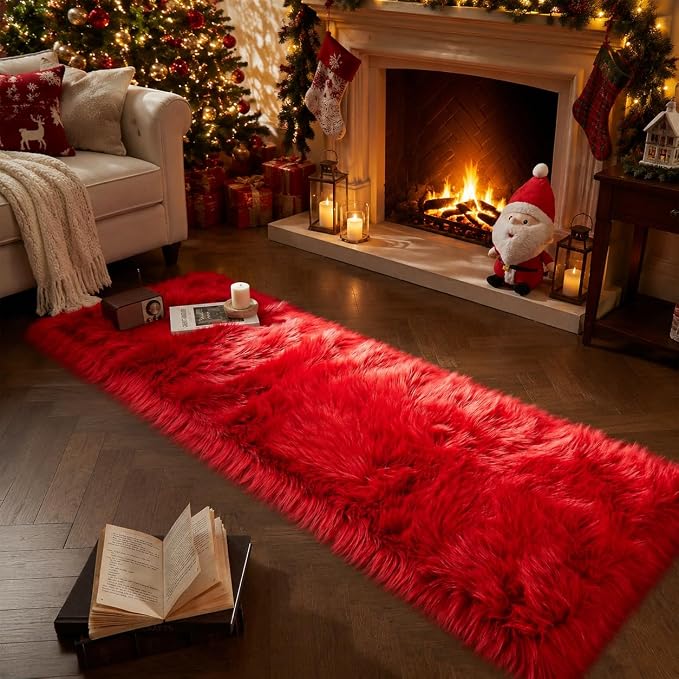 EasyJoy Ultra Soft Faux Fur Rug Fluffy Sheepskin Rug for Bedroom Living Room Sofa Bedside Floor(2x6 ft Rectangle, Red)