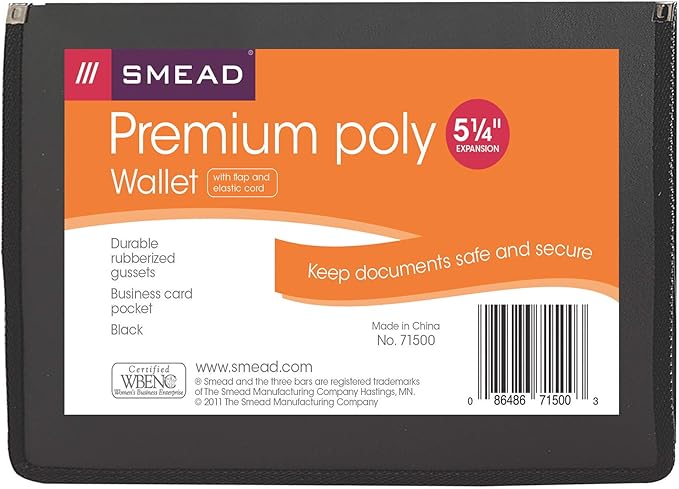 Smead Poly Wallet, Accordion File Organizer for File Folders, Letter Size, Black, 5-1/4 inch Expansion, Office Supplies, Document Organizer (71500)(Pack of 2)