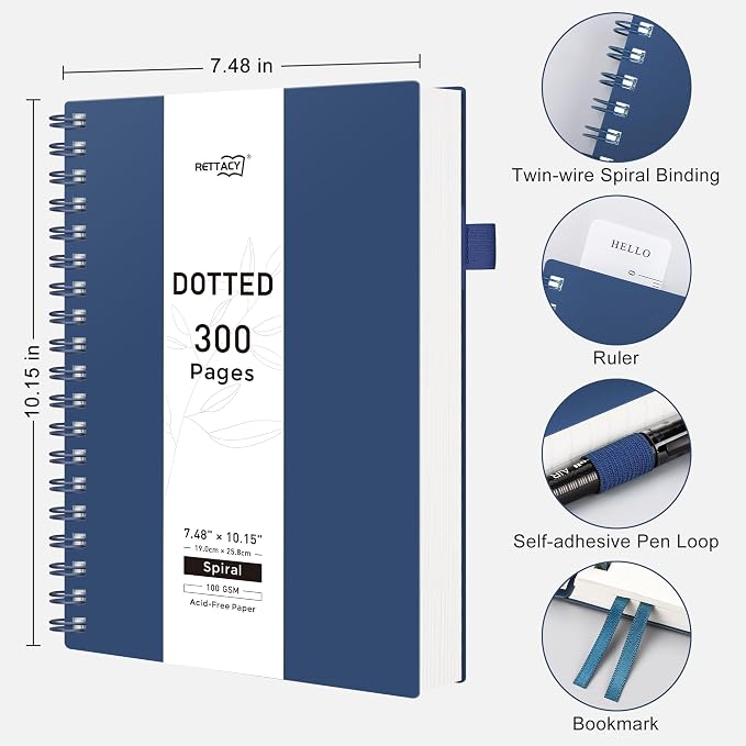RETTACY Dotted Journal Notebook, 300 Pages, B5 Medium Size (7.4'' × 10''), 100 GSM Thick Paper, Flexible Plastic Cover, Spiral-bound, for Journaling, Planning, Tracking (Navy Blue)