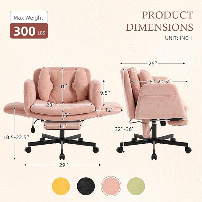 Criss Cross Office Chair with Footrest and 5-Gear Adjustable Arms, Pink | Wide seat cross-legged desk chair, flip lumbar pillow, airbag support, linen fabric, for home office, vanity and meditation