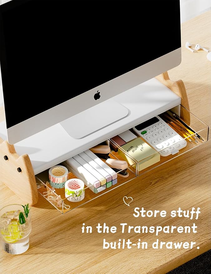 AFOOYO Monitor Stand Riser,Wooden & MDF Computer Desktop Stand with Acrylic Drawer,Laptop Stand Riser Holder ,Table Holder Desk Organizer Storage Stand for Laptop,Printer,TV,15.7 inch,Cute Cat