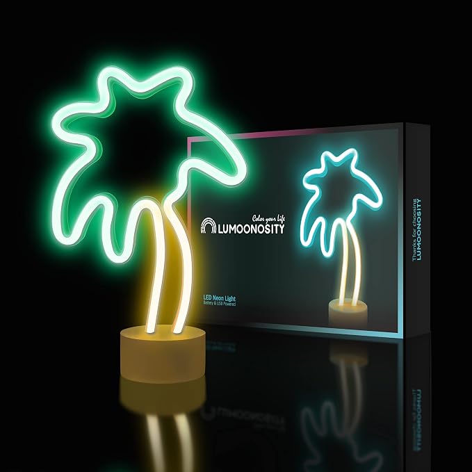 Lumoonosity Palm Tree Lights - Green & Yellow Palm Tree Neon Sign for Bedroom, Game Room - Battery/USB Powered Coconut Trees Neon Light with Stand for Desktop & Tabletop