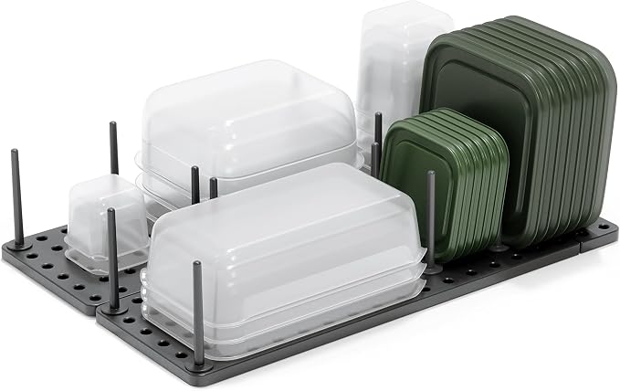 Peggy Kitchen Drawer Cupboard Organizer Tray - Adjustable Storage System For Food Containers, Cookware, Serveware, Utensils and More, Grey | Non-slip feet, fits cabinets or shelves, quick assembly, 32 pegs included, impact-resistant plastic