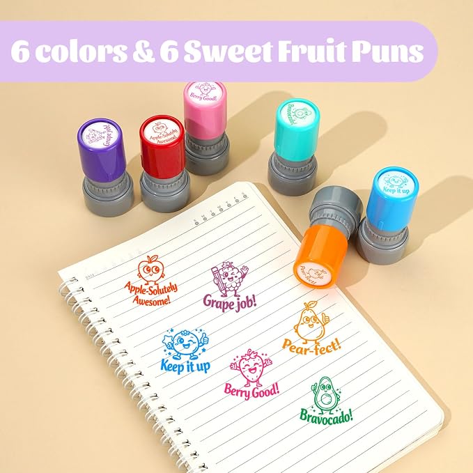 6Pcs Fruit Teacher Stamps for Classroom, New Teacher Appreciation Gifts, Self Inking Grading Stamps Set, Motivational Student Reward Stamps, Classroom Essentials for Elementary