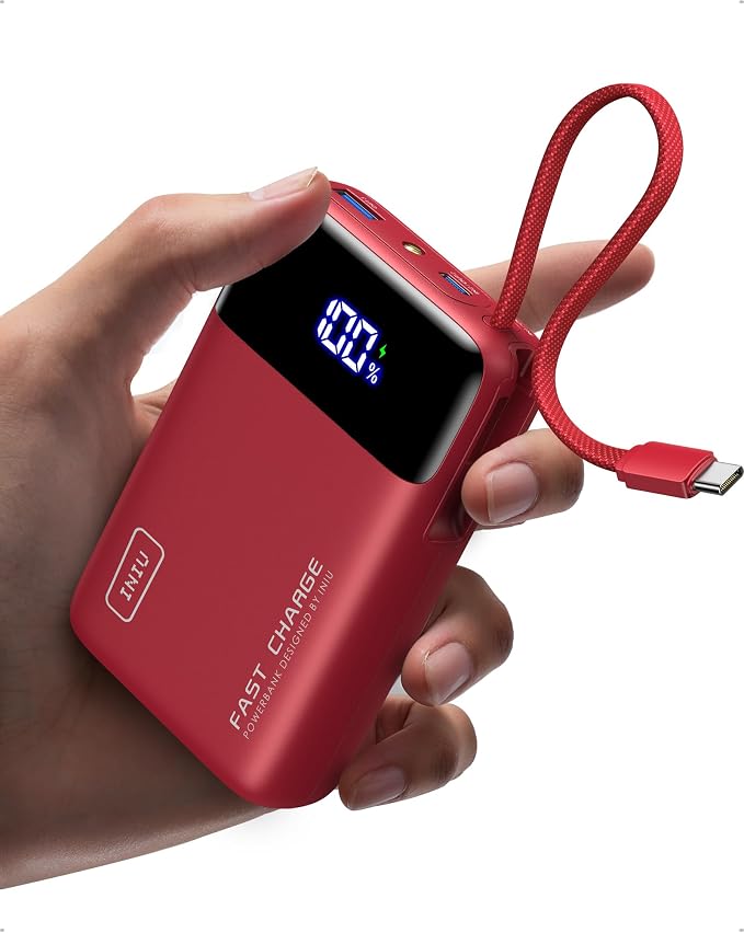 INIU 20000mAh Power Bank, Small 45W PD Fast Charging Portable Charger with Built-in USB C Cable, Flight-Safe Travel External Phone Battery Pack for Long Flight, Vacation, Cruise, Teens, Red