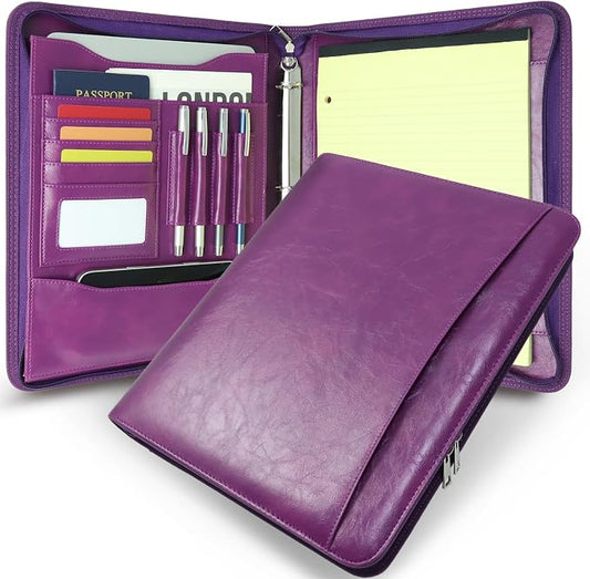 Faux Leather Zippered Padfolio with 3 Ring Binder, Executive Portfolio Organizer Binder for Women, Fits 13.9" Laptop/Tablet, Refillable Writing Pad Pocket, Purple