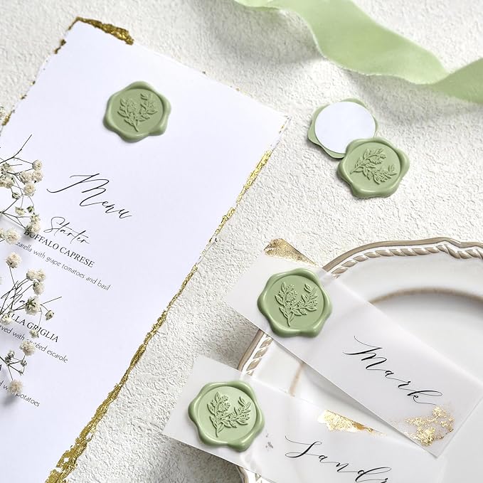 UNIQOOO Wax Seal Stickers - Eucalyptus Wedding Invitation Envelope Seal Stickers, 100 Pcs Self- Adhesive Sage Green Stickers, Perfect for Invitation, Christmas, Gift Wrapping, Party