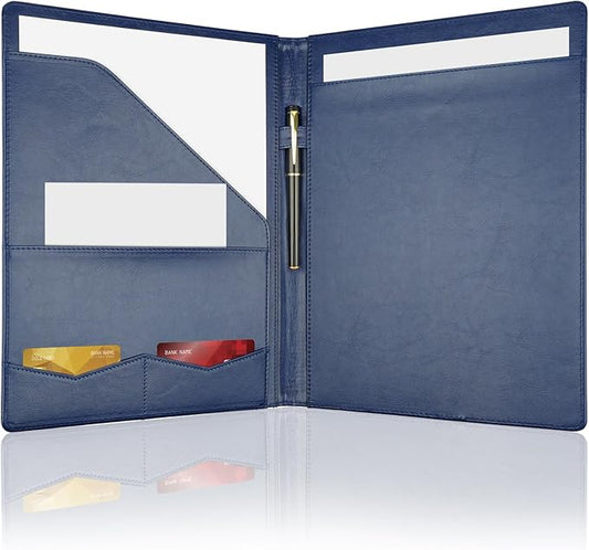 Professional Padfolio Portfolio Binder, Faux Leather Interview Resume Folder, Letter Size A4 Legal Writing Pad Holder, Document Organizer for Business School Office Conference (Blue)