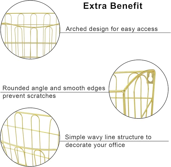 TQVAI Hanging Wall File Organizer 3 Pack, Gold Metal Wall Mounted File Holder, No Assembly Required, Curved Pocket Paper Document Rack for Office Home School Magazine Mail Storage