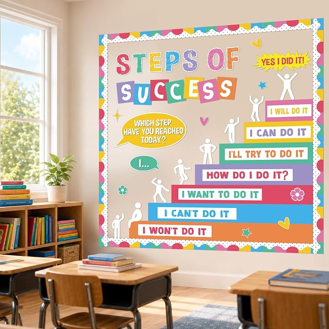 Motivational Bulletin Board Decorations Set Back to School Positive Classroom Decor Steps of Success Paper Cutouts Educational Sayings Accents for School Door Wall Chalkboard Decor Supplies (Pastel)