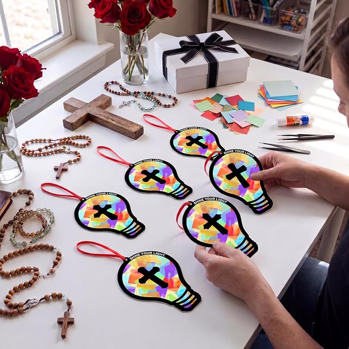 Renbuzhu 48PCS Sunday School VBS Crafts Bulk: Paper Lightbulb Cross Nativity Suncatchers, Jesus Religious Christian Activity DIY Kits Church Decorations, Window Stained Glass Effect Art Supplies