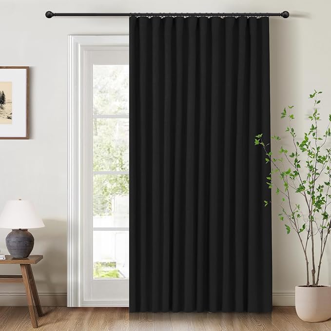 INOVADAY 100% Blackout Curtains for Bedroom, Black Out Curtains 90 Inch Long, Clip Rings Linen Blackout Drapes, Thermal Insulated Room Darkening for Living Room, 1 Panel - Black,W102xL90