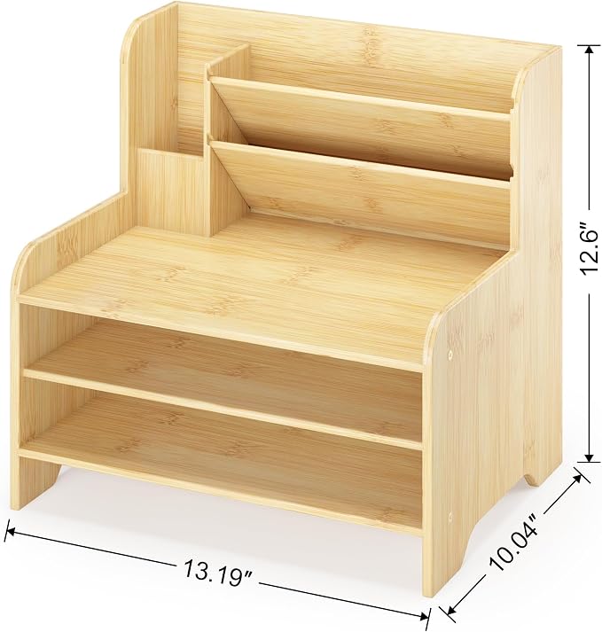 Bamboo File Organizer for Desk, Desktop Paper Tray and Mail Holder | Three open tiers keep A4/letter paper, folders, bills and mail sorted, visible and easy to reach while saving desk space