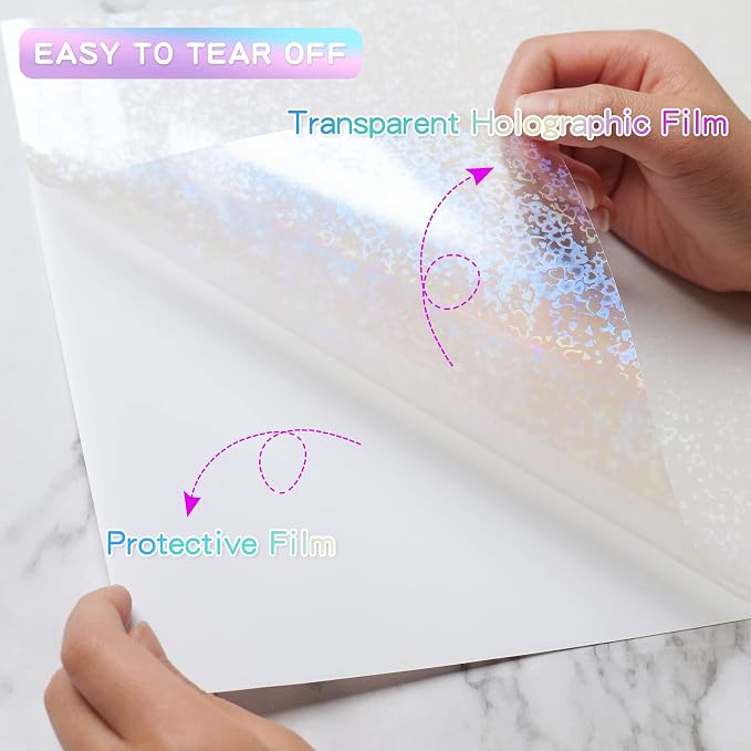 Holographic Sticker Paper, 36 Sheets Transparent Holographic Vinyl Overlay Lamination Sheets, Clear Self Adhesive Laminate Sticker Film for Stickers DIY Crafts, Heart Patterns - 8.5x11 Inch