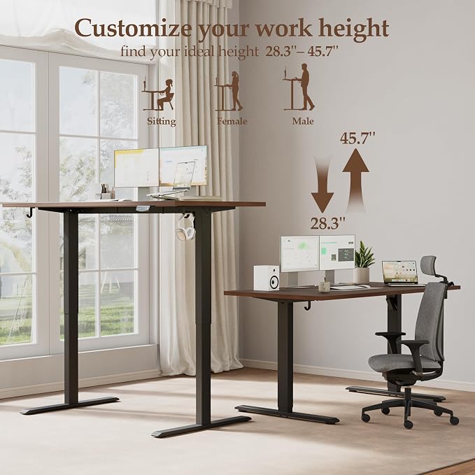 Klicelor 48 x 28 Electric Standing Desk, Sit Stand Up Home Office Desk, Height Adjustable Deep Cumputer Table with Memory Presets and Hooks, Two Pieces, Dark Walnut