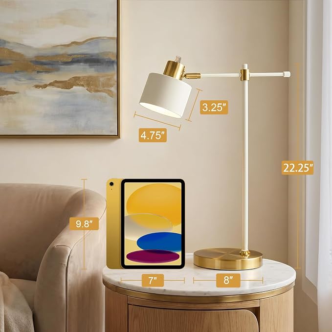 OYEARS 22.2" Modern Desk Lamp, Metal Table Lamp with LED Bulb, Adjustable Reading Lamps for Living Room, Mid Century Task Lamp for Home Office, Industrial Bedside Lamps, Cream and Gold