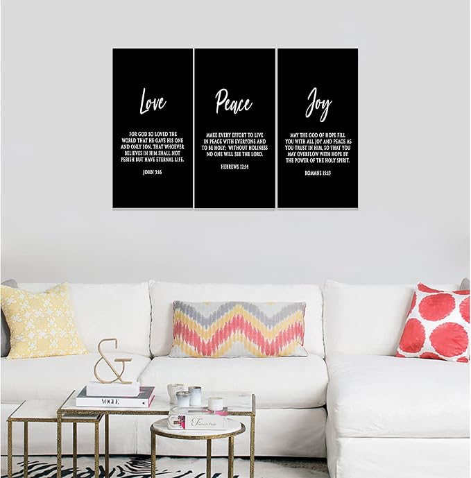 3 Piece Inspirational Wall Art, Black Sayings Prints Picture, Quotes "Love Peace Joy" Motivational Canvas Art for Religious Decor Gifts, Stretched And Framed Artwork for Home Wall Decor (36"Wx24" H)