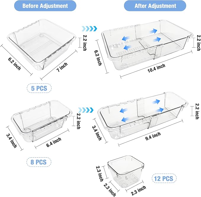 25 Pack Makeup Drawer Organizer Trays, 3-Size Clear Plastic Adjustable Expandable Set with 5 Large, 8 Medium and 12 Square Pieces for Vanity, Bathroom, Desk, Kitchen and Office