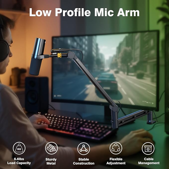AA AUDIO ACCESSORY Mic Arm Desk Mount (Design for Heavy Mic) 6.6lbs Load Capacity, Stable Gear Lock Never Sags, Metal Low Profile Microphone Boom Stand for Shure SM7B SM7dB MV7, Blue Yeti, Rode PodMic